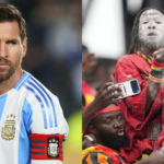 A split image showing Argentina soccer player Lionel Messi looking thoughtful in his blue and white jersey on the left, alongside a Ghanaian witch doctor or spiritual practitioner in traditional red clothing blowing a white powder into the air on the right.