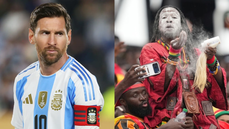 A split image showing Argentina soccer player Lionel Messi looking thoughtful in his blue and white jersey on the left, alongside a Ghanaian witch doctor or spiritual practitioner in traditional red clothing blowing a white powder into the air on the right.