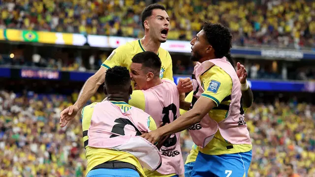 Gabriel Martinelli scores for Brazil during the 2026 World Cup match against Japan.